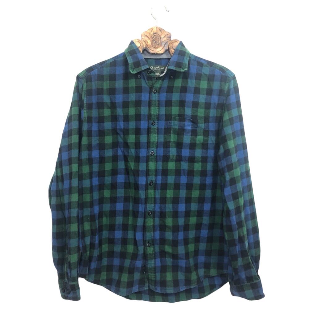 Eddie Bauer Flannel Cotton Plaid Button Down Shirt Green Blue Black Mens Large